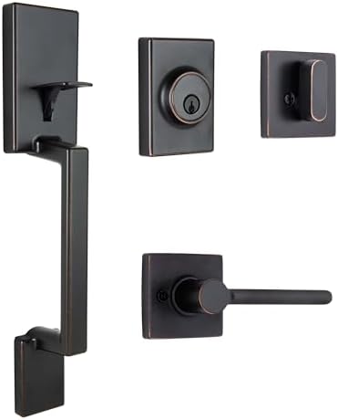 BRINKS Contemporary Keyed Entry Door Handleset with Lever and Deadbolt, Modern Front Door Lock Set, Easy Install, Pick-Resistant (Straight Lever, Tuscan Bronze)