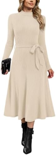 OFEEFAN Long Sleeve Dress Mock Neck Tie Waist Ribbed Knit Midi Dresses Fall Outfits