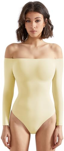 SUUKSESS Women Off Shoulder Long Sleeve Bodysuits Double Lined Basic Tops