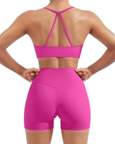 SUUKSESS Women 2 Piece Workout Sets Padded Halter Sports Bras High Waisted Biker Shorts with Pockets
