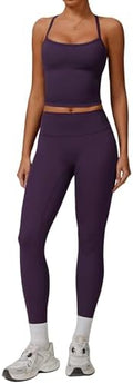 QBGJTD Womens Workout Sets Two Piece Cross Back Tank Top Matching High Waist Leggings Sets Gym Outfits Work Out Clothes