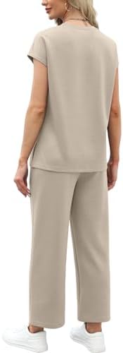 WIHOLL Two Piece Sets for Women Summer Spring Travel Vacation Outfits Cap Sleeve Lounge Matching Sets Wide Leg Pants S-3XL