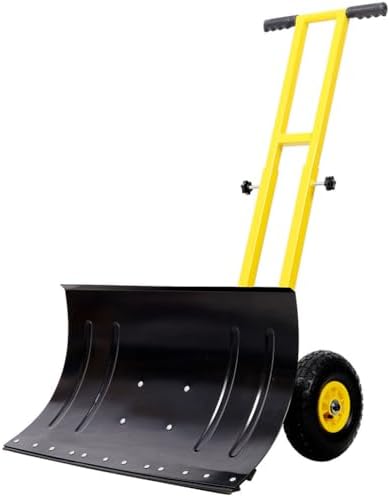 Snow Shovel with Wheels for Driveway, 29 Inch Heavy Duty Snow Pusher with Adjustable Handle & Multi-Angle Blade, Steel Wheeled Snow Plow for Sidewalk, Patio, Yard