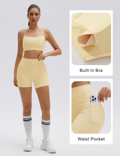 SUUKSESS Women 2 Piece Workout Sets Padded Halter Sports Bras High Waisted Biker Shorts with Pockets