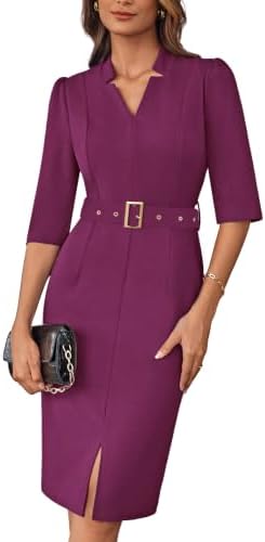 GRACE KARIN Women's Work Dress 3/4 Sleeve V Neck Bodycon Dress with Belt