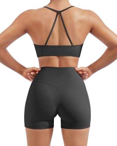 SUUKSESS Women 2 Piece Workout Sets Padded Halter Sports Bras High Waisted Biker Shorts with Pockets