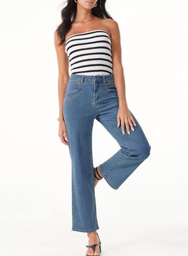 Sidefeel Women's Straight Leg Jeans High Waisted Stretchy Jeans Zimbaplatinum Wide Leg Ankle Denim Pants with Pockets