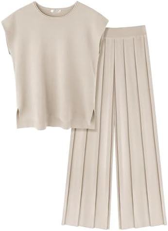 Ekouaer Lounge Sets for Women Two Piece Outfits Knit Cap Sleeve Tops Wide Leg Pleated Pants Casual Dressy Sweater Sets