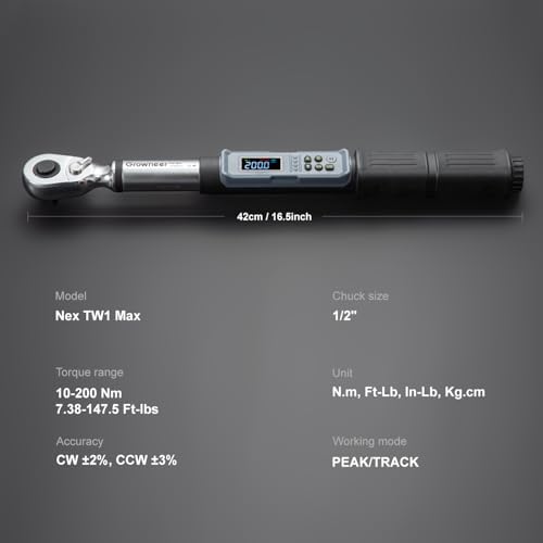 GROWNEER Upgraded Digital Torque Wrench Set, 7.38-147.5 Ft-lbs/10-200 nm, 1/2'' Drive Rachet Torque Wrench with Buzzer & Colorful LED Indicator, Electronic Wrench for Motor Car Tires Auto Repair
