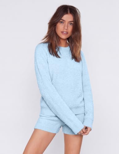 Ekouaer Fuzzy Fleece Pajamas 2 Piece Warm Soft Lounge Set Long Sleeve Sweater Top and Shorts Loungewear Outfits Sweatsuits