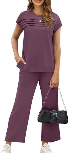 WIHOLL Two Piece Sets for Women Summer Spring Travel Vacation Outfits Cap Sleeve Lounge Matching Sets Wide Leg Pants S-3XL
