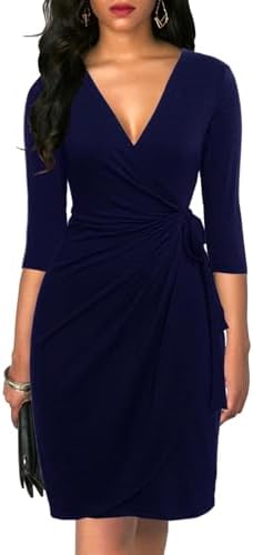 Berydress Women's 3/4 Sleeve V Neck Casual Party Work Faux Black Wrap Dress