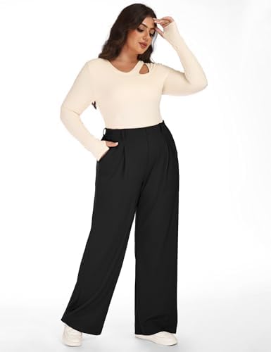 1X-5X Plus Size Wide Leg Dress Pants Women Pull On Stretchy Work Pants