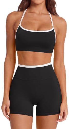 SUUKSESS Women 2 Piece Workout Sets Padded Halter Sports Bras High Waisted Biker Shorts with Pockets