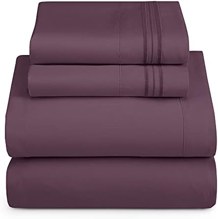 Hearth & Harbor Twin Size Sheets - 3 Piece Bed Sheet Set, Hotel Luxury Double Brushed Bed Sheets - Extra Soft Bedding Sheets & Pillowcases, Twin, Purple