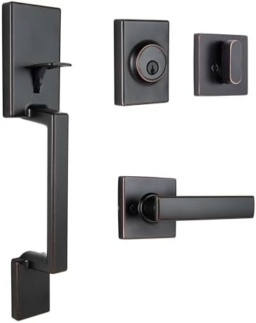 BRINKS Contemporary Keyed Entry Door Handleset with Lever and Deadbolt, Modern Front Door Lock Set, Easy Install, Pick-Resistant (Flat Lever, Tuscan Bronze)