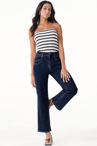 Sidefeel Women's Straight Leg Jeans High Waisted Stretchy Jeans Zimbaplatinum Wide Leg Ankle Denim Pants with Pockets
