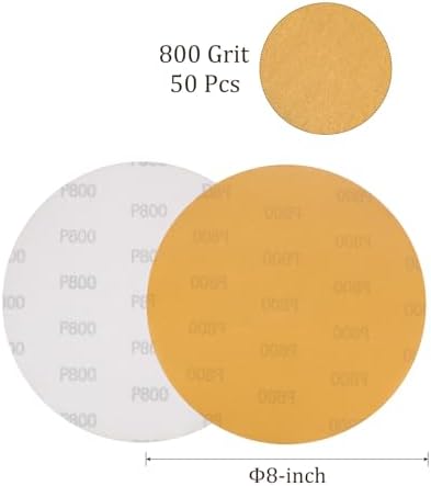 50pcs No Hole Sanding Discs- [ 8 Inch 800 Grit ] Round Hook and Loop Grip Sanding Pads Sheet Sandpaper for Automotive Woodworking Metal Polishing Use| Gold, Aluminum Oxide