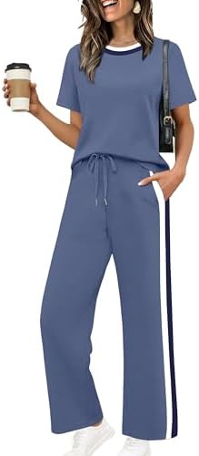WIHOLL 2 Piece Lounge Sets for Women Matching Set Summer Outfits Short Sleeve Tops Wide Leg Pants with Pockets
