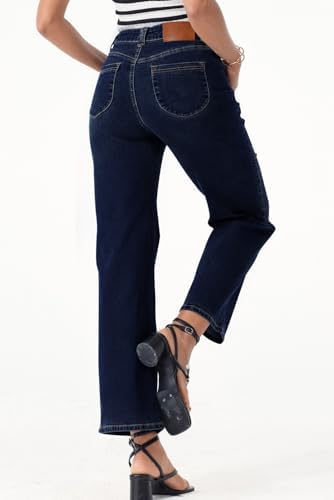 Sidefeel Women's Straight Leg Jeans High Waisted Stretchy Jeans Zimbaplatinum Wide Leg Ankle Denim Pants with Pockets