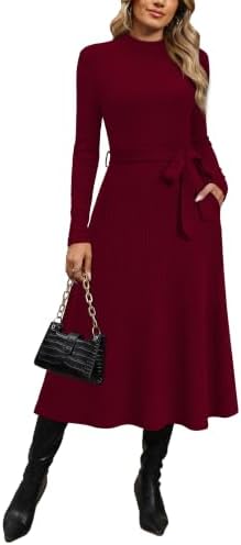 OFEEFAN Long Sleeve Dress Mock Neck Tie Waist Ribbed Knit Midi Dresses Fall Outfits