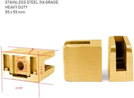 Stainless Steel 316 Square Flat Back Glass Clamp 55 x 55 mm for 3/8" - 1/2" Tempered Glass or Laminated Glass, Satin Gold Finish, GC-056SG, 4 Pieces