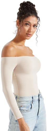 SUUKSESS Women Off Shoulder Long Sleeve Bodysuits Double Lined Basic Tops