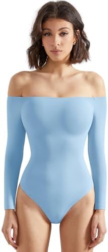 SUUKSESS Women Off Shoulder Long Sleeve Bodysuits Double Lined Basic Tops