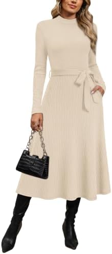 OFEEFAN Long Sleeve Dress Mock Neck Tie Waist Ribbed Knit Midi Dresses Fall Outfits