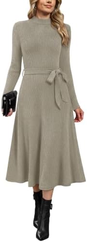 OFEEFAN Long Sleeve Dress Mock Neck Tie Waist Ribbed Knit Midi Dresses Fall Outfits