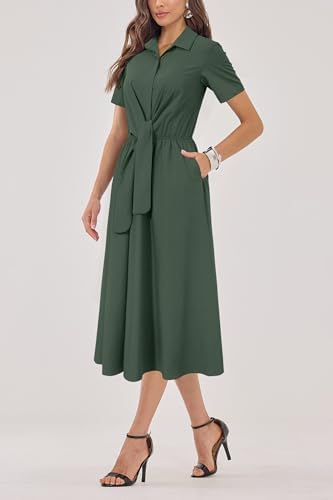 Newshows Women's Work Business Casual Outfits Tie Waist Midi Shirt Dress
