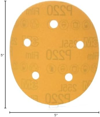 3M Hookit Gold Film D/F Disc 255L, Aluminum Oxide, Dry Only, 5" Diameter, P220 Grit, Gold (Pack of 1)