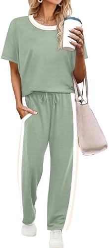 WIHOLL 2 Piece Lounge Sets for Women Matching Set Summer Outfits Short Sleeve Tops Wide Leg Pants with Pockets
