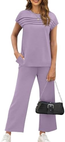 WIHOLL Two Piece Sets for Women Summer Spring Travel Vacation Outfits Cap Sleeve Lounge Matching Sets Wide Leg Pants S-3XL