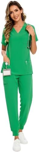 COZYFIT Scrubs for Women Set - Stretch V-Neck & Jogger Pant with 9 Pockets