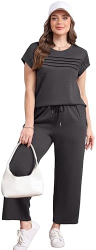 WIHOLL Two Piece Sets for Women Summer Spring Travel Vacation Outfits Cap Sleeve Lounge Matching Sets Wide Leg Pants S-3XL