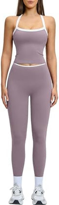 QBGJTD Womens Workout Sets Two Piece Cross Back Tank Top Matching High Waist Leggings Sets Gym Outfits Work Out Clothes