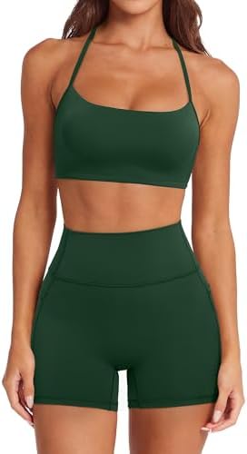 SUUKSESS Women 2 Piece Workout Sets Padded Halter Sports Bras High Waisted Biker Shorts with Pockets
