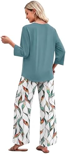 WIHOLL Two Piece Sets for Women Lounge 3/4 Length Sleeve Womens Tops Graphic Pants with Pockets Summer Outfits 2026