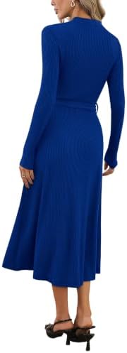 OFEEFAN Long Sleeve Dress Mock Neck Tie Waist Ribbed Knit Midi Dresses Fall Outfits