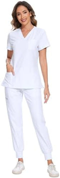 COZYFIT Scrubs for Women Set - Stretch V-Neck & Jogger Pant with 9 Pockets
