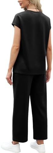 WIHOLL Two Piece Sets for Women Summer Spring Travel Vacation Outfits Cap Sleeve Lounge Matching Sets Wide Leg Pants S-3XL