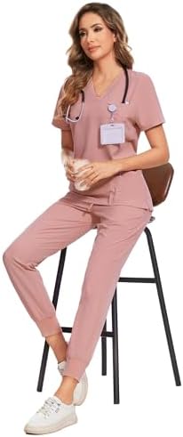 COZYFIT Scrubs for Women Set - Stretch V-Neck & Jogger Pant with 9 Pockets