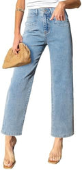 Sidefeel Women's Straight Leg Jeans High Waisted Stretchy Jeans Zimbaplatinum Wide Leg Ankle Denim Pants with Pockets