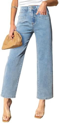 Sidefeel Women's Straight Leg Jeans High Waisted Stretchy Jeans Zimbaplatinum Wide Leg Ankle Denim Pants with Pockets