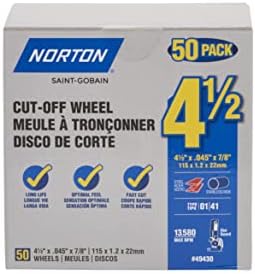 Norton Cut Off Wheels 50-Pack, 4 1/2 Inch High Performance Metal & Stainless Steel Cutting Disc, 7/8'' Arbor, Compatible with Angle Grinders