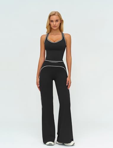 ABOCIW Two Piece Workout Sets for Women Racerback Tank Top Matching High Waist Wide Leg Yoga Pants Pilates Outfits