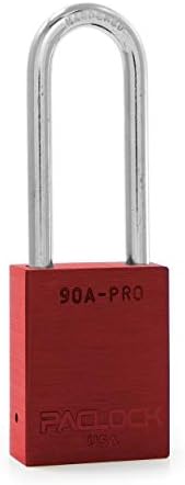 PACLOCK's 90A-PRO Padlock, 1/4" Diameter Hard. Steel Shackle, 2-1/2" Tall, High Performance 7-Pin Cylinder w/ 1 Key, Keyed Alike, Red