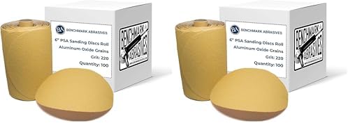 Benchmark Abrasives Professional 6 Inch PSA Gold Sanding Discs Aluminum Oxide 220 Grit Surface Blending DA Sandpaper Roll for Automotive and Orbital Sanders (200 Pack)