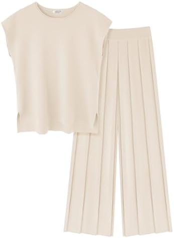 Ekouaer Lounge Sets for Women Two Piece Outfits Knit Cap Sleeve Tops Wide Leg Pleated Pants Casual Dressy Sweater Sets